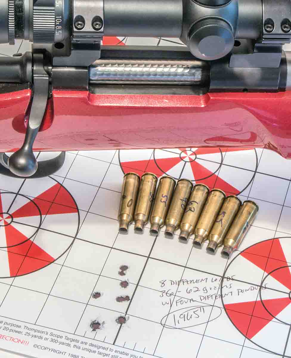 Handloaders may or may not be happy with an eight-shot group like this as a starting point when working up a new load. These eight shots, however, were fired with eight different handloads using four different powders and five different bullets, all through a New Ultra Light Arms .22-250 Remington.